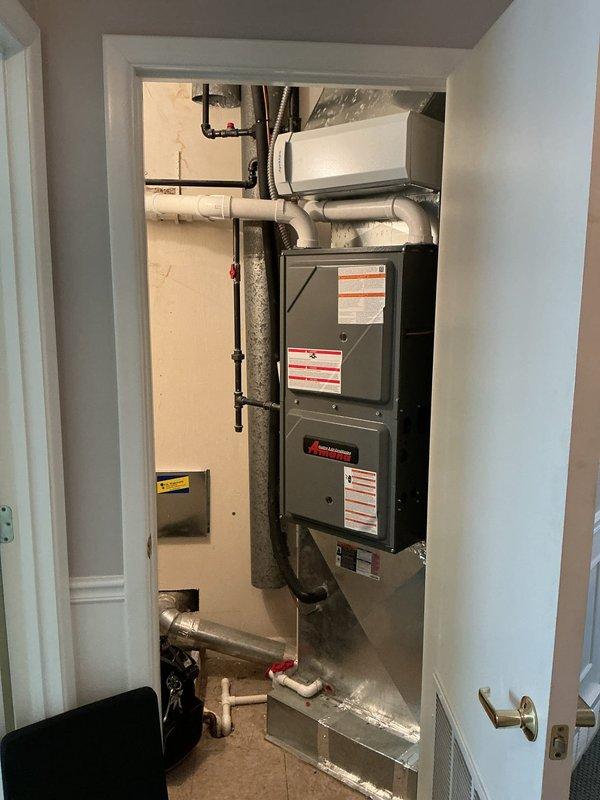 Responded to emergency no heat call on recently installed Amana gas furnace system that was not heating above 67 degrees. Performed diagnostic testing using differential manometer to measure gas pressure and airflow readings within the system. Upon inspection, identified issue preventing proper heating operation on unit less than 5 years old. Conducted pressure testing at multiple points in the system, obtaining readings of 4.70 and 12.0 inches of water column to verify gas valve and manifold pressure specifications. Verified all electrical connections, safety controls, and limit switches were functioning properly. Confirmed warranty status on equipment prior to completing repairs, restoring full heating functionality to the system.