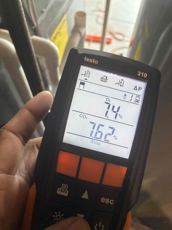 Completed heating system maintenance and performance verification. Conducted combustion analysis using calibrated digital analyzer, measuring oxygen levels at 7.4% and carbon dioxide at 15.2% to ensure proper burner operation and efficiency. Inspected ductwork components and ventilation system, confirming all connections and airflow distribution points are secure and functioning properly.