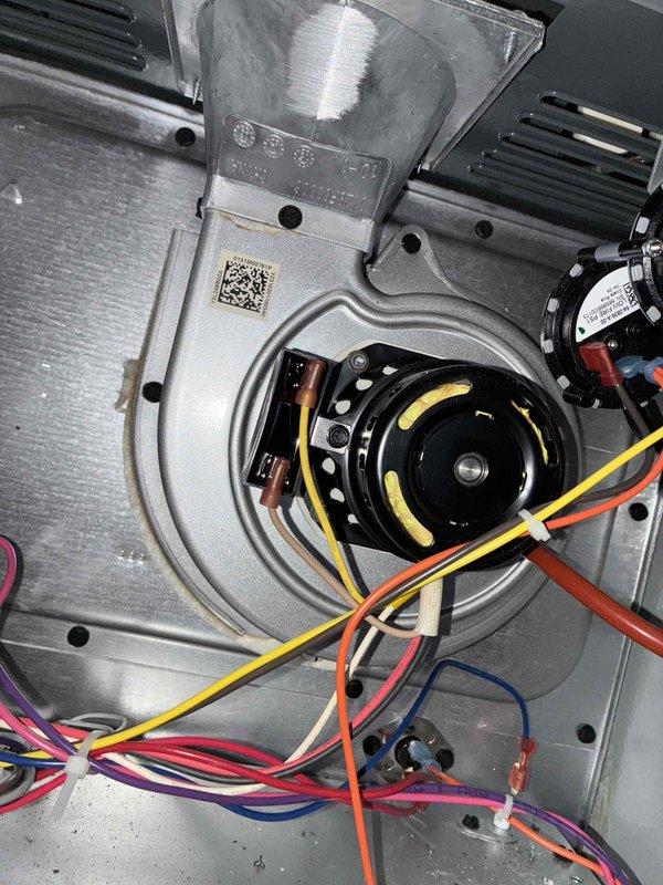 Completed first-year preventative maintenance visit on furnace system under annual service plan. Performed comprehensive inspection of blower motor assembly, verified proper operation of squirrel cage fan wheel, and examined all electrical connections including motor wiring harness. All components found to be in satisfactory working condition with normal wear patterns observed.