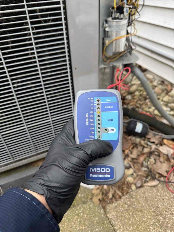 Completed scheduled preventive maintenance on residential cooling system. Performed electrical insulation resistance testing on outdoor condenser unit using megohmmeter, with readings indicating proper insulation integrity within acceptable parameters. Inspected indoor air handler blower assembly, verifying proper condition of centrifugal fan wheel and motor coupling. All components operational and system ready for cooling season.