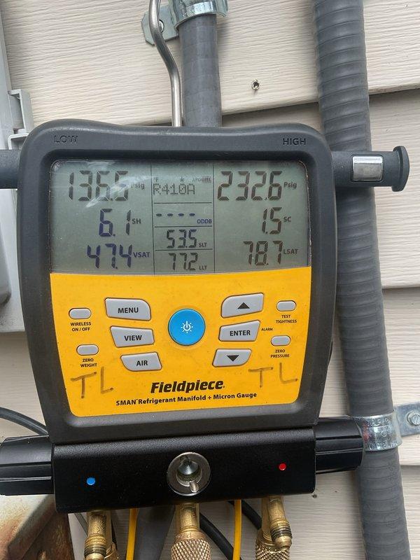 # HVAC Cooling Maintenance Summary

Completed scheduled preventive maintenance on outdoor AC unit. Performed comprehensive system diagnostics using CoreSense compressor monitoring equipment and Fieldpiece SMAN digital manifold gauges to assess refrigerant pressures, superheat, and subcool temperatures, confirming all operating parameters within manufacturer specifications.

# Detailed Work Performed

Conducted thorough cooling season maintenance on residential air conditioning system. Accessed outdoor condensing unit and removed service panel to inspect internal electrical components and connections. All wiring, including power conductors and control circuits, appeared in good condition with no signs of overheating, corrosion, or loose connections.

Installed CoreSense diagnostic equipment to monitor compressor performance and electrical characteristics during system operation. This advanced diagnostic tool provides real-time analysis of compressor health and system efficiency.

Connec