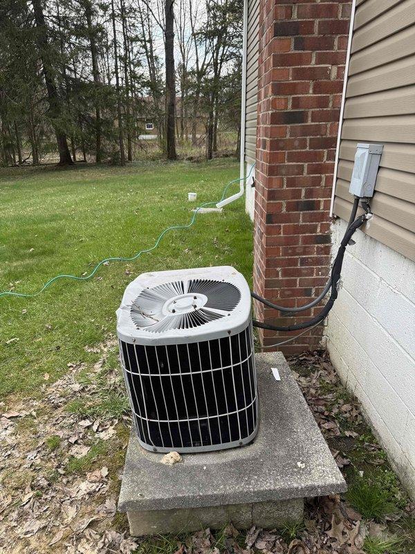 Responded to customer concern regarding potential damage from ice and snow impact to outdoor condensing unit. Performed thorough visual inspection of AC unit exterior, including fan housing, condenser coils, refrigerant lines, and electrical connections. Verified structural integrity of unit cabinet and mounting pad. Checked electrical disconnect and conduit for any signs of impact damage. Found no visible damage to fan blades, grille, or coil fins. Unit appears to be in normal operating condition with all components intact and properly secured to concrete pad.