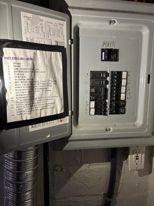 Completed furnace replacement estimate for unit with failed heat exchanger that was disabled at thermostat for safety. Documented existing basement utility installation including water heater, electrical panel configuration, and available workspace for equipment replacement. Provided homeowner with furnace replacement options and specifications.