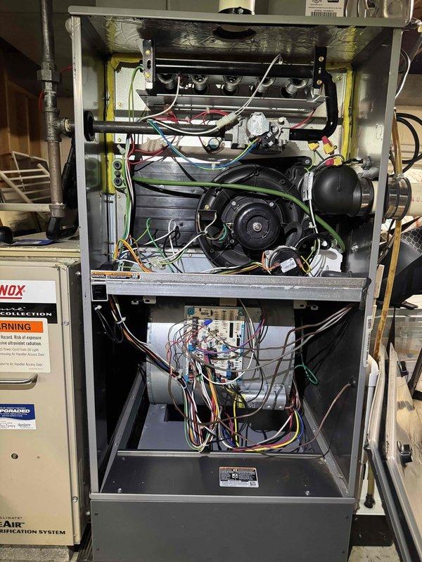 Completed comprehensive heating maintenance on residential Lennox furnace system. Performed full system inspection including heat exchanger examination, blower motor assembly evaluation, electrical connections verification, and control board assessment. All components found operating within manufacturer specifications, ductwork and condensate drainage system inspected and confirmed secure, and unit tested for proper functionality prior to departure.