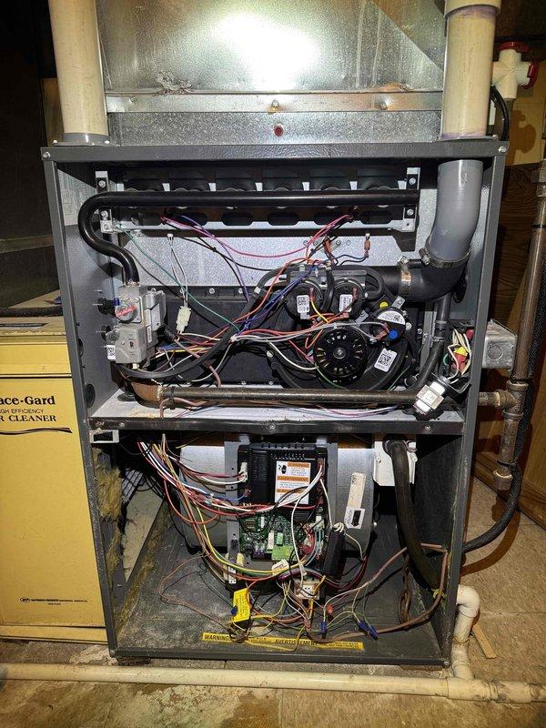 Returned to complete furnace control board replacement on gas-fired forced air unit. Removed and replaced defective integrated furnace control module, verified all electrical connections to blower motor, gas valve, and ignition system, and tested unit through complete heating cycle to confirm proper operation.