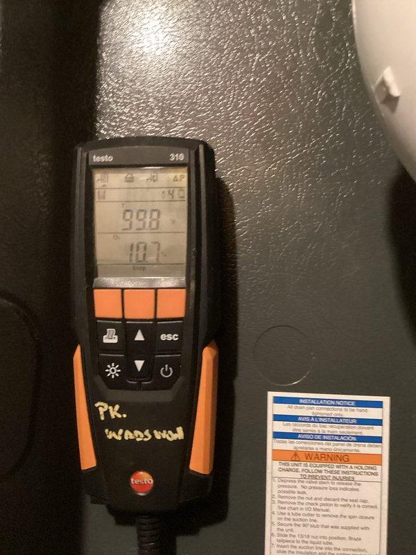 Performed comprehensive heating system maintenance inspection during mid-morning service call. Conducted electrical diagnostics using Phoenix Pro-DL379 digital multimeter to verify voltage and amperage readings across system components, confirming proper electrical performance. Utilized Testo 319 combustion analyzer to measure flue gas temperatures and carbon monoxide levels, ensuring safe and efficient operation of the heating unit. All measurements fell within acceptable parameters, and system was found to be operating safely with no immediate concerns identified.