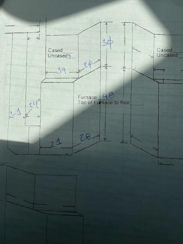 Conducted upstairs HVAC system evaluation and provided replacement estimate for existing furnace with options to add air conditioning capability. Documented existing mechanical closet conditions, including water-damaged flooring, aging copper piping, and current furnace installation with spatial measurements for equipment replacement planning. Prepared dimensional diagrams showing clearances and equipment positioning requirements for proposed furnace and AC system installation in confined upstairs utility space.