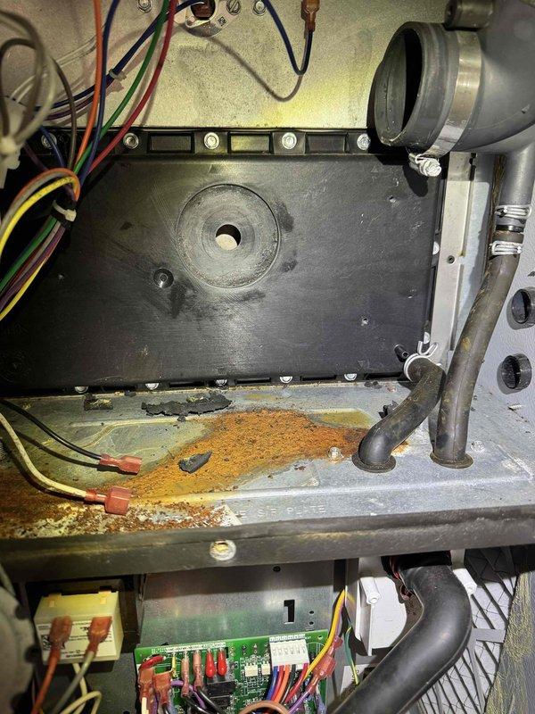 Completed heating maintenance on Lennox furnace system. Performed combustion analysis using Testo 310 analyzer, recording CO levels at 77-83 ppm and conducting safety diagnostics on burner operation. Inspection revealed significant rust corrosion and oxidation on interior base platform and metal components, indicating moisture exposure and age-related deterioration requiring monitoring for potential future repairs.