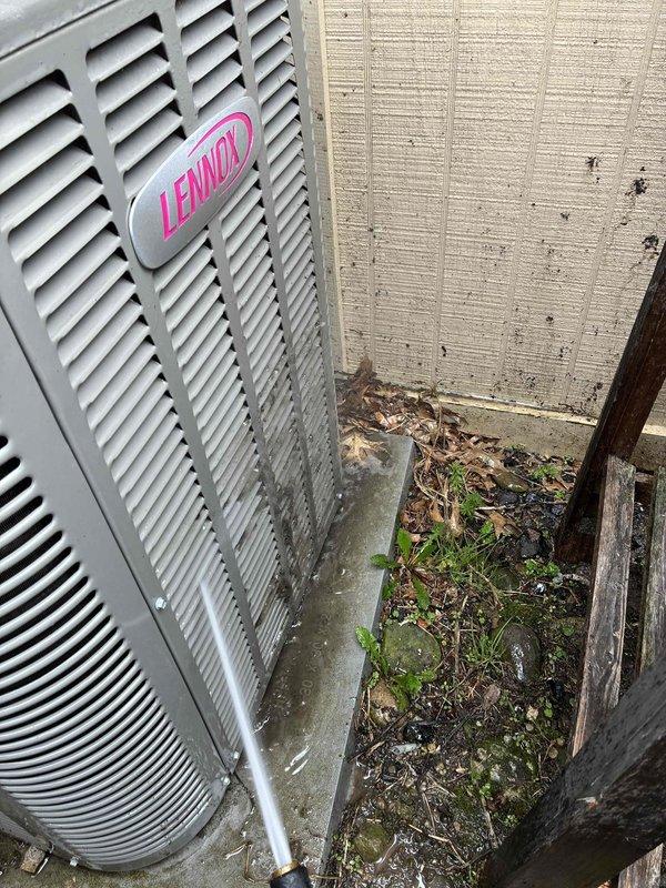 Completed seasonal air conditioning maintenance on Lennox outdoor condensing unit. Performed standard tune-up procedures including system inspection, cleaning, and operational testing to ensure optimal performance for the cooling season.