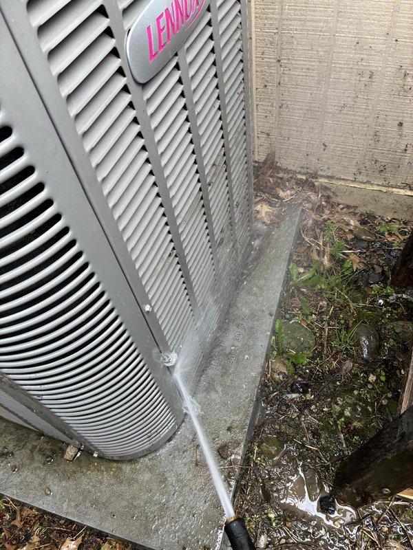 Completed seasonal air conditioning maintenance on Lennox outdoor condensing unit. Performed standard tune-up procedures including system inspection, cleaning, and operational testing to ensure optimal performance for the cooling season.