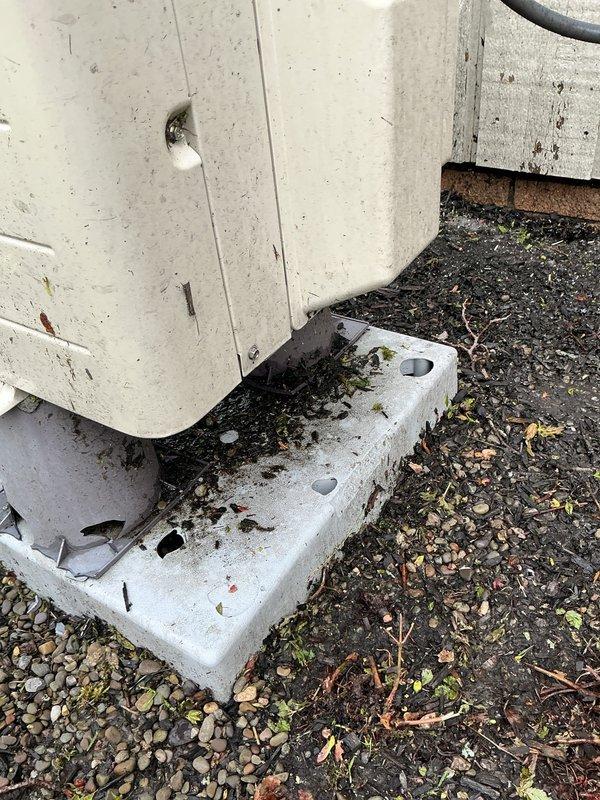 Performed post-storm inspection of residential Daikin air conditioning system at customer's request. Conducted thorough visual examination of outdoor condensing unit, mounting pad, electrical connections, and refrigerant lines for weather-related damage. Unit showed normal wear and weathering but no storm damage detected; system operational and secure on concrete pad.