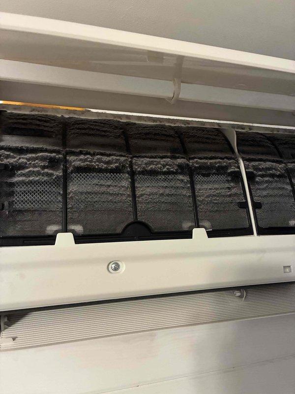 Completed first-year maintenance on MVP ductless split heat pump system. Inspected indoor wall-mounted unit and found air filter heavily clogged with accumulated dust and debris, which was cleaned to restore proper airflow. Examined outdoor condensing unit and noted copper refrigerant lines showing age-related oxidation and discoloration, though all connections remained secure and operational.