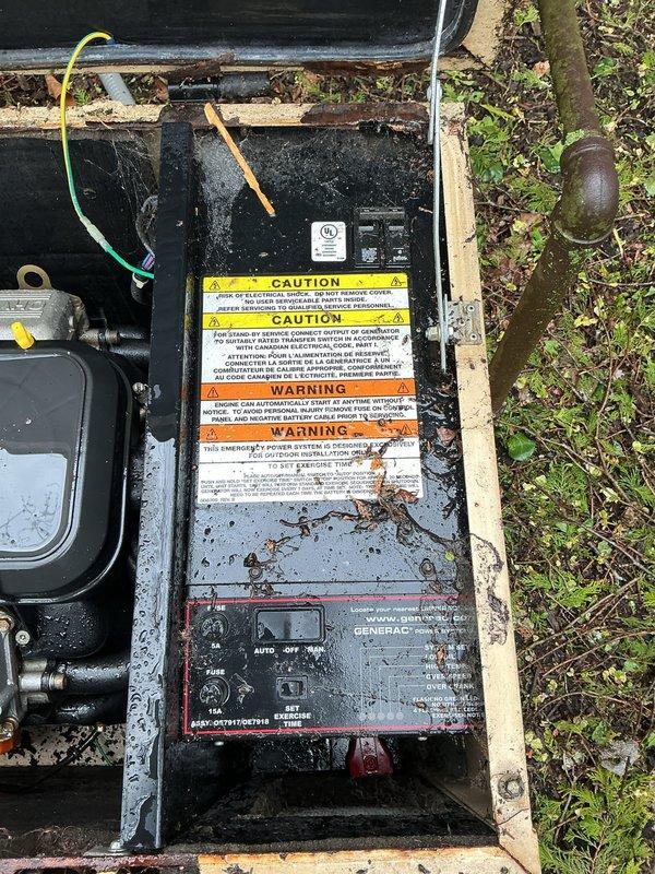Responded to a no-power condition on a Generac Guardian standby generator. Upon arrival, found the unit in AUTO mode but not providing power to the facility. Performed visual inspection of the generator and enclosure, noting significant accumulation of debris, organic growth, and weathering on the exterior surfaces. Conducted diagnostic assessment of the control panel, switching mechanisms, and operational status indicators. Verified generator configuration settings and tested manual/automatic operation modes. Inspected fuel system components including fuel level and delivery mechanisms. Evaluated electrical connections and transfer switch functionality to determine cause of power failure. Completed troubleshooting procedures and restored generator to proper working condition, confirming successful power delivery upon resolution.