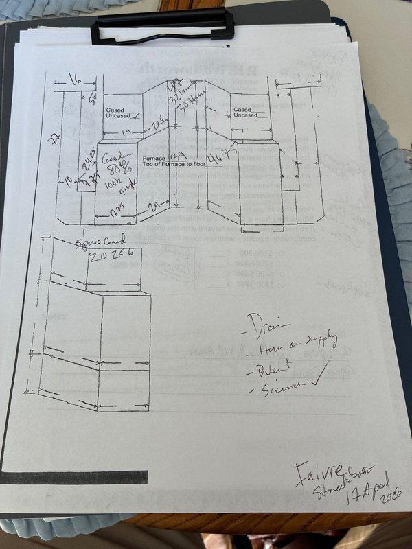 Conducted comprehensive assessment of existing forced air system for replacement. Generated detailed technical drawings documenting current furnace location, ductwork configuration, and ceiling access points. Evaluated exterior equipment placement including condensing unit positioning, electrical service connections, and drainage requirements. Presented multiple replacement options for complete HVAC system upgrade.