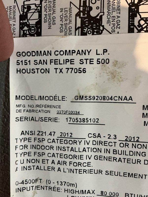 Responded to emergency no-heat call for Goodman furnace (Model GM5S920804CNAA, Serial 1705385102) tripping breaker upon startup with accompanying odor. Conducted diagnostic inspection of 80,000 BTU Category IV direct vent furnace system, documented equipment condition and identifying information, and assessed electrical system for short circuit or ground fault causing breaker trip. Provided customer with findings and repair quote to restore heating system operation.