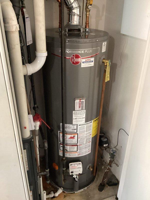 Performed routine maintenance flush on Rheem Performance Plus tanked water heater to remove sediment buildup and ensure optimal operating efficiency. Additionally inspected toilet at customer's request and confirmed proper operation with no issues identified.