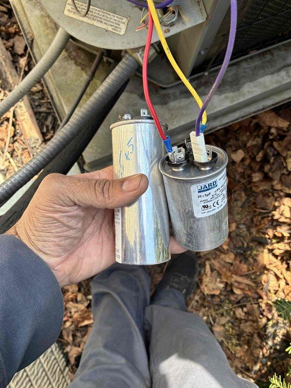 Returned to complete blower motor replacement on residential HVAC system. Removed and thoroughly cleaned blower wheel to ensure optimal airflow and system efficiency. Replaced failed dual-run capacitor and contactor with new components, as evidenced by visible wear and deterioration on removed parts. Installed surge protection device to safeguard electrical components from voltage spikes. System tested and returned to normal operation with all electrical connections secured and verified.