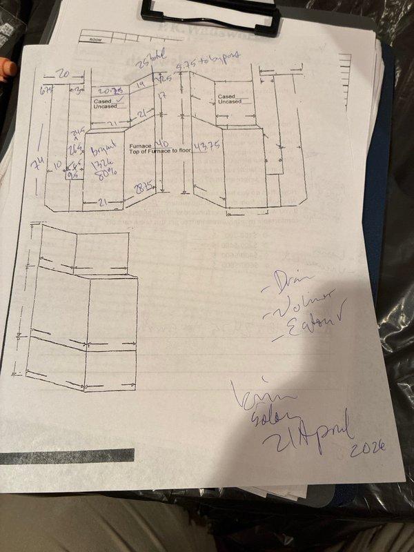 Conducted comprehensive evaluation of existing HVAC system in basement mechanical room to provide full system replacement options. Assessed current air handler unit, ductwork configuration, electrical connections, and refrigerant line routing. Documented equipment specifications, spatial constraints, and installation requirements through detailed measurements and floor plan sketches including furnace location, clearances, and existing infrastructure layout to develop accurate replacement proposals for complete system upgrade.