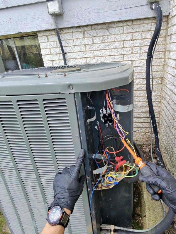 Returned to site to complete previously sold repair on outdoor HVAC unit. Successfully installed two new capacitors, replaced the contactor, and added a hard start kit to improve compressor performance and system reliability. All electrical connections were properly terminated, components securely mounted, and unit tested for proper operation upon completion.