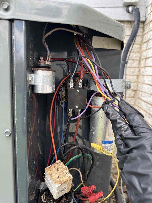 Returned to site to complete previously sold repair on outdoor HVAC unit. Successfully installed two new capacitors, replaced the contactor, and added a hard start kit to improve compressor performance and system reliability. All electrical connections were properly terminated, components securely mounted, and unit tested for proper operation upon completion.