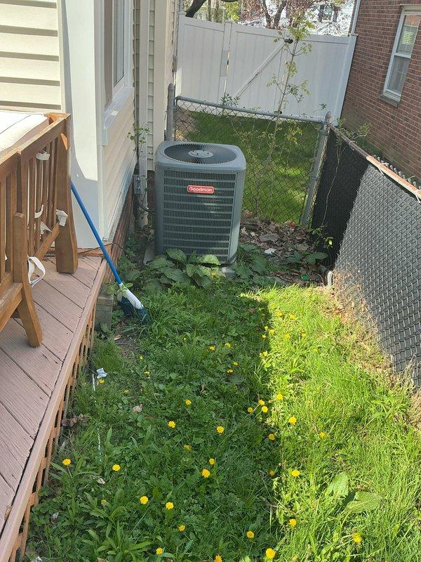 Conducted on-site evaluation of existing forced air cooling system for replacement estimate. Assessed outdoor condensing unit located in side yard and indoor air handler/ductwork system in basement utility area. Documented current equipment configuration, accessibility for installation, and provided homeowner with AC replacement options for the existing forced air system.