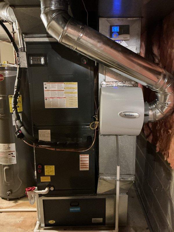 # HVAC Heat Pump Maintenance Completed

Performed comprehensive first-year preventive maintenance on residential heat pump system, including inspection of furnace unit, Aprilaire humidifier integration, and digital thermostat control calibration reading 67°F. All equipment components, ductwork connections, air filter compartment, and electrical systems were thoroughly examined and found operating within normal parameters, ensuring optimal heating system performance for the upcoming season.