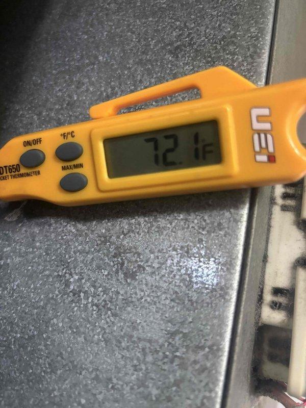 Responded to customer concern regarding decreased air conditioning efficiency following previous service. Performed diagnostic temperature measurements at supply and return locations to assess system performance. Return air temperature measured at 72.1°F at air handler unit, while supply air temperature at register measured 53°F, indicating a temperature differential of approximately 19°F. This delta suggests the system is producing cooling but may be operating below optimal efficiency range for typical residential comfort cooling applications. Additional evaluation of refrigerant charge, airflow restrictions, and system components may be required to restore unit to manufacturer specifications and address customer's efficiency concerns.