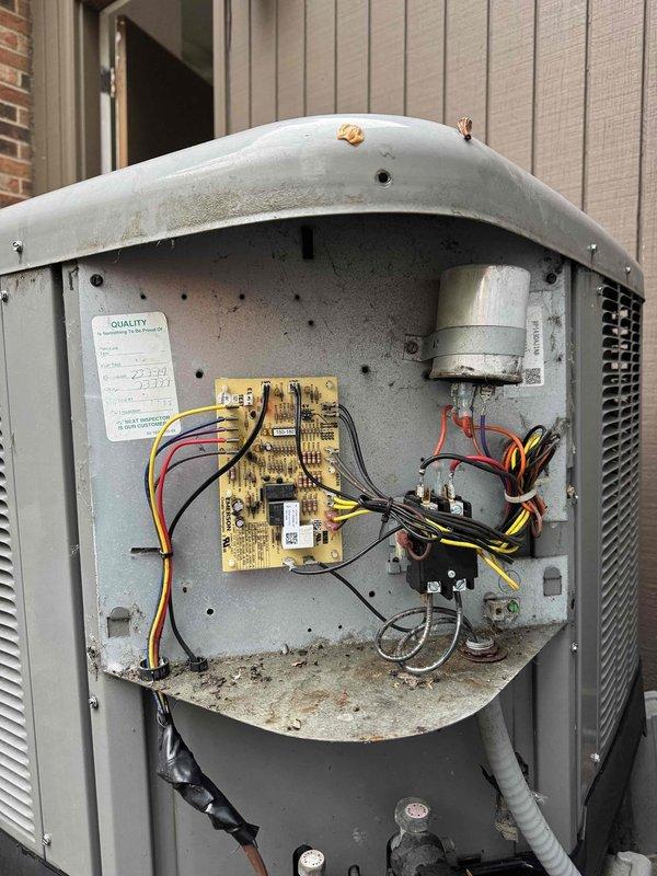 Responded to no-heat call on heat pump system. Upon arrival, performed diagnostic inspection of outdoor unit and found control board and electrical components operational but showing signs of age and corrosion. Inspected transformer, contactor, capacitor, and wiring connections. All electrical connections were secure and functioning properly. Unit tested successfully and restored to normal heating operation.