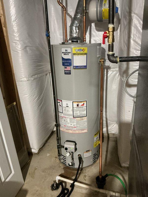 Completed scheduled preventive maintenance on Bradford White residential water heater unit. Performed comprehensive inspection of all plumbing connections, copper supply lines, shut-off valves, and pressure relief valve. Verified proper operation of all components including electrical connections, condensate pump, and drainage system. All equipment found to be in good working condition with no leaks or deficiencies noted.