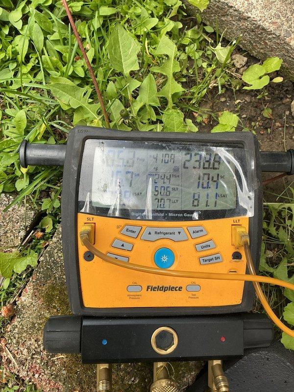 Performed comprehensive cooling maintenance on residential air conditioning system. Conducted diagnostic testing using digital manifold gauges and Fieldpiece meters to verify refrigerant pressures, superheat, and subcooling levels, confirming system operating within manufacturer specifications at 239.2 PSI with proper temperature differentials. Completed routine maintenance checklist including inspection of condenser unit, electrical connections, and refrigerant lines.