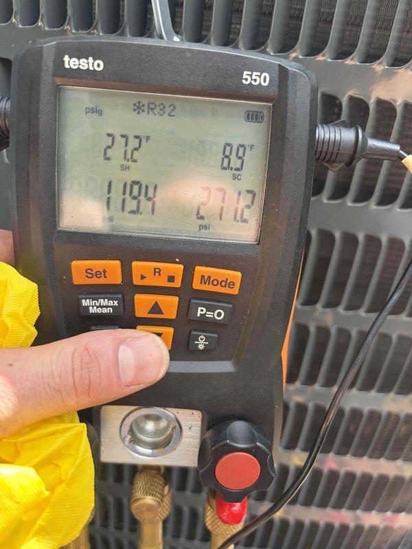 Completed system start-up following electrical work on newly installed HVAC equipment. Verified proper refrigerant charge using digital manifold gauges, confirming R32 refrigerant levels with superheat and subcooling readings within manufacturer specifications. Tested system operation in cooling mode and programmed thermostat to customer preferences, ensuring proper communication between thermostat and equipment with fan set to auto mode.