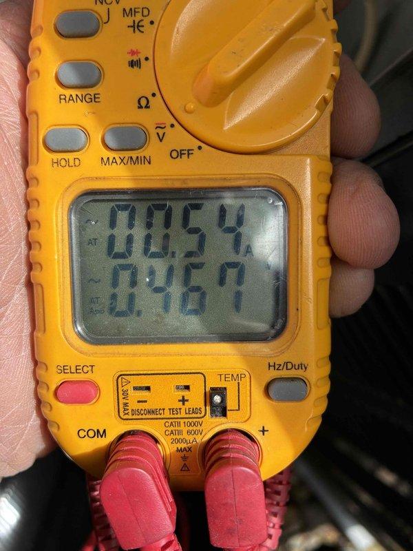 Performed routine HVAC cooling maintenance on system as part of ongoing preventative maintenance program. Utilized digital multimeter to verify electrical readings and system performance, measuring voltage and capacitance levels to ensure all components were operating within manufacturer specifications. All measurements confirmed proper system operation with no deficiencies noted.