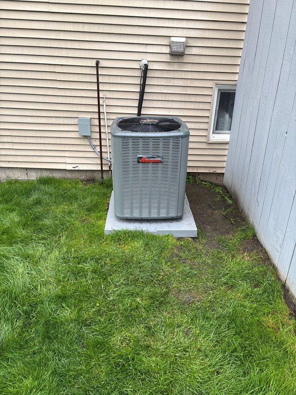 Completed full HVAC system replacement including new Amana furnace and outdoor condensing unit. Installation included proper venting configuration with metallic ductwork, refrigerant line set connection between indoor and outdoor components, and condensate drain piping. All equipment installed to manufacturer specifications with appropriate clearances, secured on concrete pad for outdoor unit, and connected to existing gas and electrical services. Old equipment removed and returned to shop for disposal.