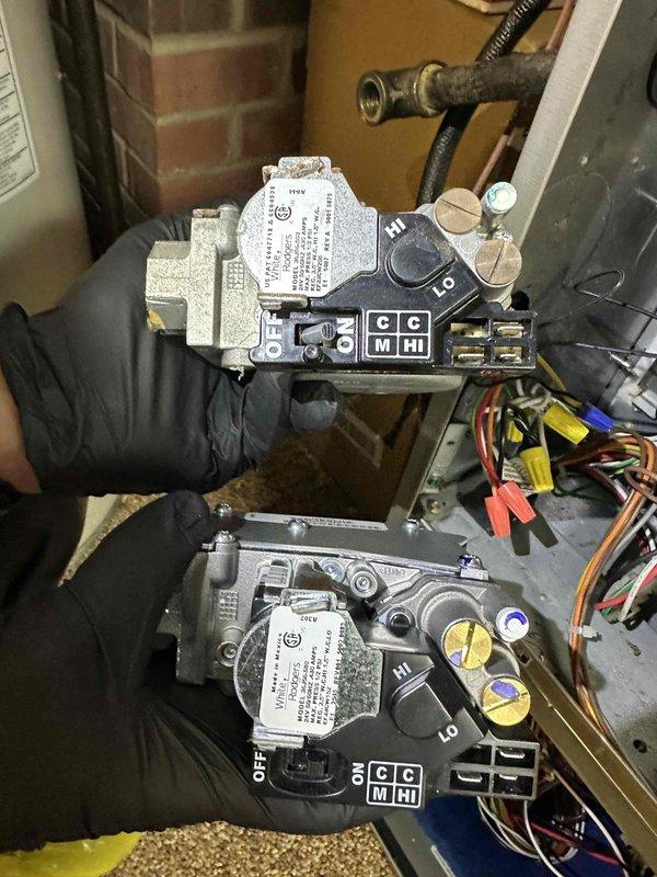 Responded to no heat call on residential furnace system. Upon arrival, confirmed unit was not operating and conducted diagnostic inspection. Identified failed gas valve as root cause preventing furnace ignition and heat production. Removed defective gas valve assembly and installed replacement unit. Verified all electrical connections, tested gas flow, and confirmed proper system operation. Unit restored to full heating capacity and left in working condition.