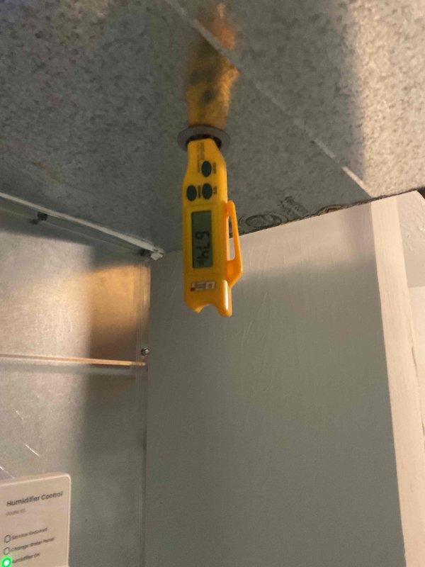Completed monthly HVAC heating maintenance visit, performing system inspection and filter replacement. Monitored humidifier control settings and verified proper temperature readings throughout the system using calibrated digital measuring equipment. Replaced dirty pleated air filter with new filter to maintain optimal airflow and system efficiency.