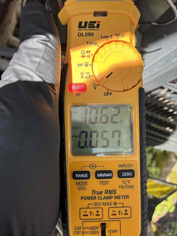 Completed comprehensive HVAC cooling system maintenance inspection. Verified proper system operation by measuring supply air temperature at 49.6°F and monitoring electrical parameters including amp draw of 0.057A and voltage reading of 106.2V. All measurements indicated normal operating conditions with adequate cooling performance and proper electrical function.