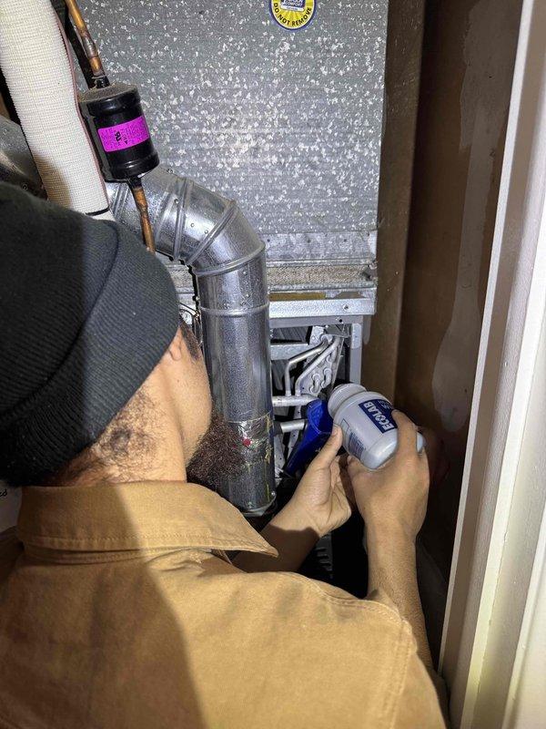 Performed comprehensive cooling maintenance on HVAC system. Upon inspection, discovered evaporator coil heavily contaminated with dust and debris accumulation throughout the fin assembly, restricting airflow and reducing system efficiency. Thoroughly cleaned evaporator coil to restore proper heat transfer and airflow capacity. Conducted diagnostic testing of refrigerant system using calibration-grade instruments, checking pressures and temperatures at suction line to verify proper system operation. Inspected all accessible refrigerant lines, connections, and components for leaks or deterioration. System returned to normal operating parameters following maintenance procedures.
