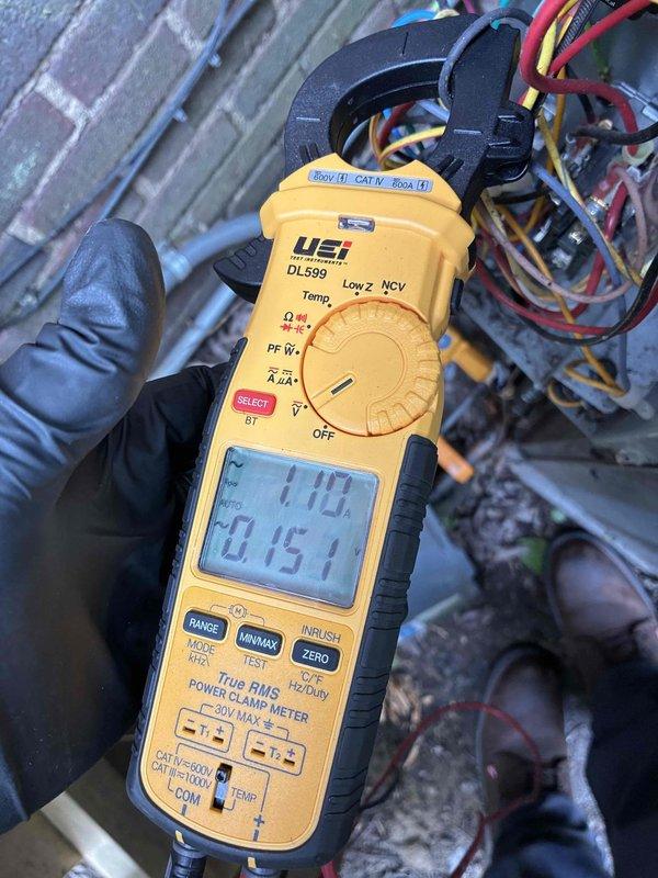 Completed comprehensive air conditioning maintenance inspection on cooling system. Performed electrical diagnostics using clamp meter to verify proper amperage draw and system performance, inspected ductwork and refrigerant line insulation for integrity, and confirmed all mechanical components operating within normal parameters.