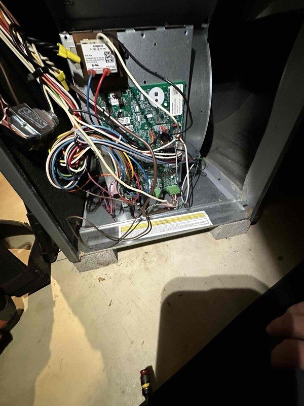 Responded to no heat call on aging furnace system with reported loss of communication between thermostat and unit. Upon inspection, accessed control compartment and examined control board wiring and connections. Identified and addressed communication failure issue, inspected mesh filter material showing wear and contamination consistent with system age. System tested and restored to proper heating operation with thermostat communication reestablished.