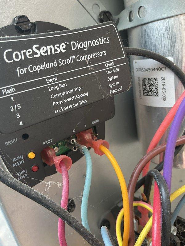 Completed routine HVAC cooling system maintenance on residential air conditioning unit. Inspected Copeland Scroll compressor equipped with CoreSense diagnostic module, verified all diagnostic indicators showed normal operation with no fault codes present, and confirmed proper electrical connections. Examined outdoor condenser unit, checked fan motor operation, verified protective grille integrity, and assessed overall system condition with all components functioning within normal parameters.