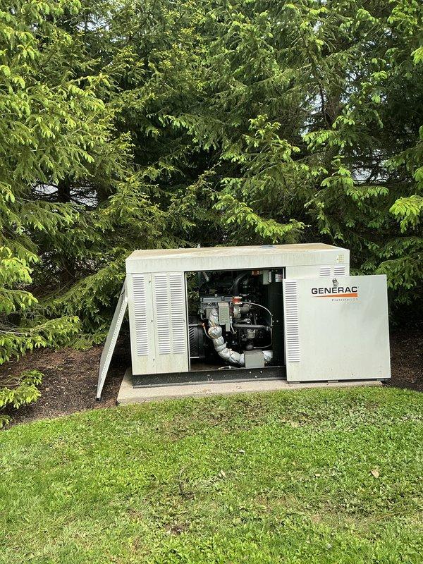 Performed diagnostic service on residential Generac backup generator for new homeowner. Conducted comprehensive system inspection, opened main access panel to examine internal components including engine, fuel lines, and mechanical assemblies. Verified generator installation integrity on concrete pad, inspected external enclosure condition, and assessed PVC conduit routing and gas line connections from building to unit. All systems found operational with no immediate repairs required. Provided homeowner orientation on generator operation and maintenance requirements.