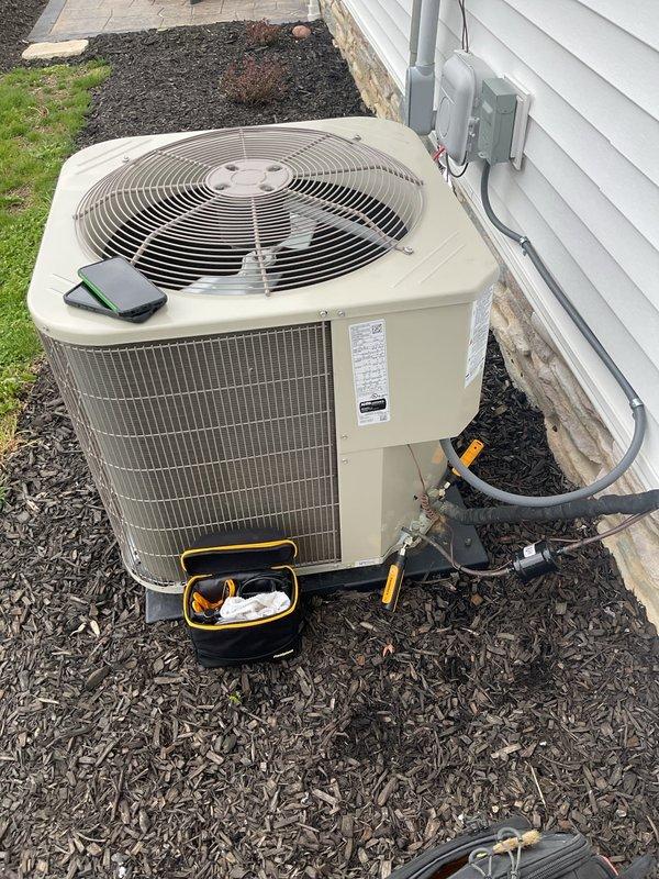Completed routine cooling maintenance on residential outdoor condenser unit. Performed standard inspection of refrigerant lines, electrical connections, and condensing unit components. Unit operating within normal parameters with no issues identified.