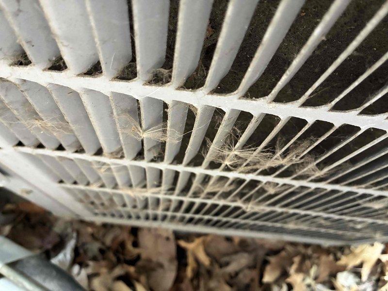 Completed comprehensive cooling system maintenance on residential HVAC unit. Outdoor condenser coil showed significant accumulation of dust, debris, and cobwebs between fins, along with dried leaves collected at base of unit. Indoor return air grille exhibited heavy dust buildup and multiple cobwebs across slats. Performed thorough cleaning of condenser coil fins to restore proper airflow and heat transfer efficiency. Cleaned return air grille and removed all debris and cobweb accumulation. Inspected system components and verified proper operation following maintenance procedures.