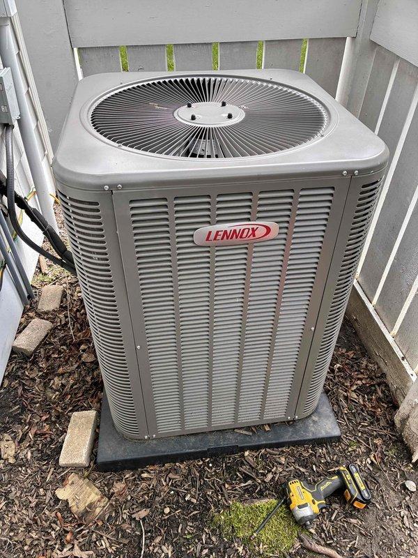 Completed scheduled preventive maintenance on residential Lennox air conditioning system. Performed comprehensive inspection of outdoor condensing unit, verified proper electrical connections at contactor and terminal block, checked all wire terminations for secure fastening, and documented system condition through photographic records. All components found operating within normal parameters with no deficiencies noted.