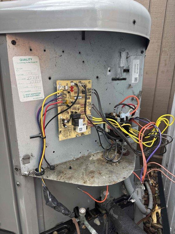 Replaced failed condenser fan motor and addressed defrost control issues on outdoor heat pump unit. Removed and installed new motor assembly, verified proper electrical connections to control board, and tested defrost cycle operation to ensure system returned to normal heating and cooling functionality.