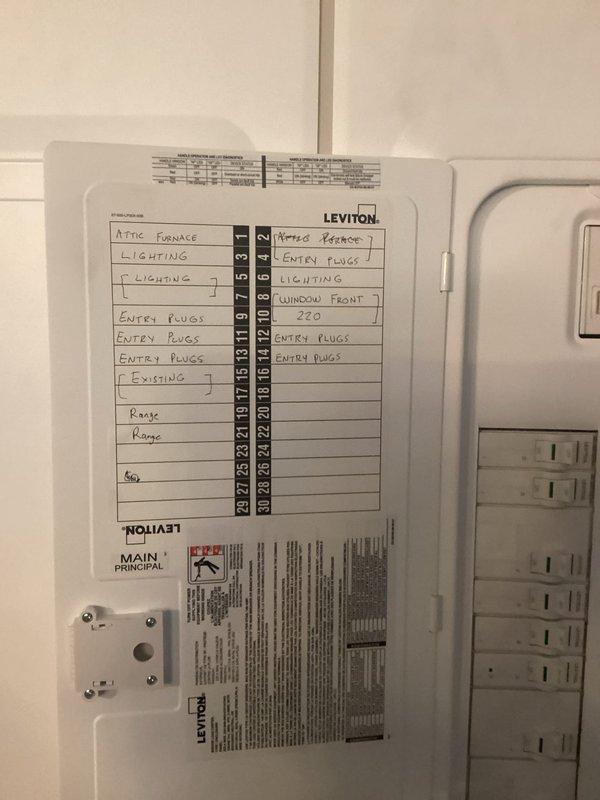 Installed dedicated 240-volt circuit for electric range, including new double-pole breaker in existing Leviton load center and proper labeling in panel directory. Verified all connections, tested circuit operation, and confirmed proper voltage delivery to range receptacle.