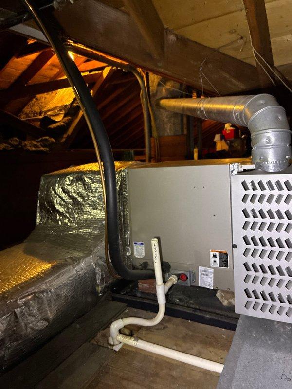 Conducted estimate for complete HVAC system replacement following hail damage to aging unit with discontinued parts availability. Documented existing attic-mounted air handler, ductwork configuration including flexible and rigid insulated runs, and current electrical and condensate drain installations to provide customer with replacement options for their obsolete system.