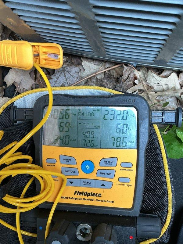 Completed routine cooling system maintenance on residential HVAC unit. Performed refrigerant pressure diagnostics using digital manifold gauges, confirming R410A refrigerant charge at 232.0 PSIG on high side with system operating within normal parameters at 69°F ambient temperature. Inspected furnace cabinet, venting components, and associated electrical connections for proper operation and safety compliance.