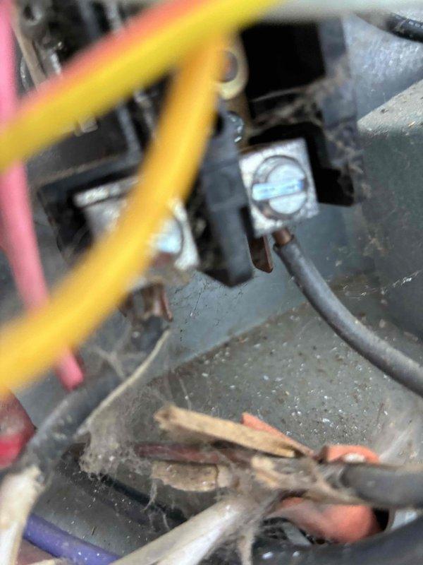 Completed cooling system tune-up on residential HVAC unit. Inspected electrical connections and control wiring within furnace panel, noting dust accumulation on components and terminal blocks. Examined evaporator coil and found significant debris buildup between cooling fins, restricting airflow. Documented current conditions of electrical connections and coil contamination for maintenance records.