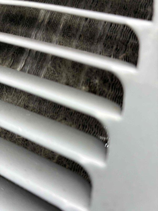 Completed cooling system tune-up on residential HVAC unit. Inspected electrical connections and control wiring within furnace panel, noting dust accumulation on components and terminal blocks. Examined evaporator coil and found significant debris buildup between cooling fins, restricting airflow. Documented current conditions of electrical connections and coil contamination for maintenance records.